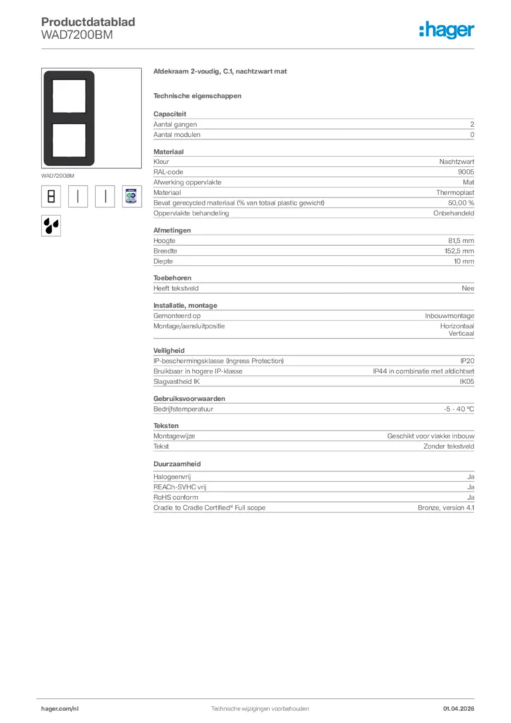 Afbeelding Hager Productdatablad WAD7200BM | Hager Nederland