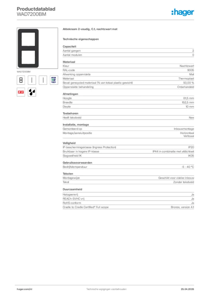 Afbeelding Hager Productdatablad WAD7200BM | Hager Nederland