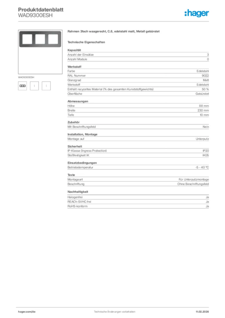 Bild Hager Produktdatenblatt WAD9300ESH | Hager Deutschland