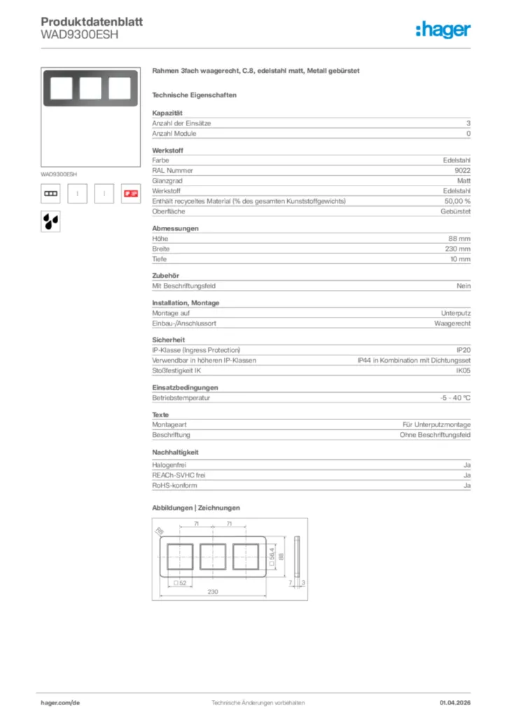 Bild Hager Produktdatenblatt WAD9300ESH | Hager Deutschland