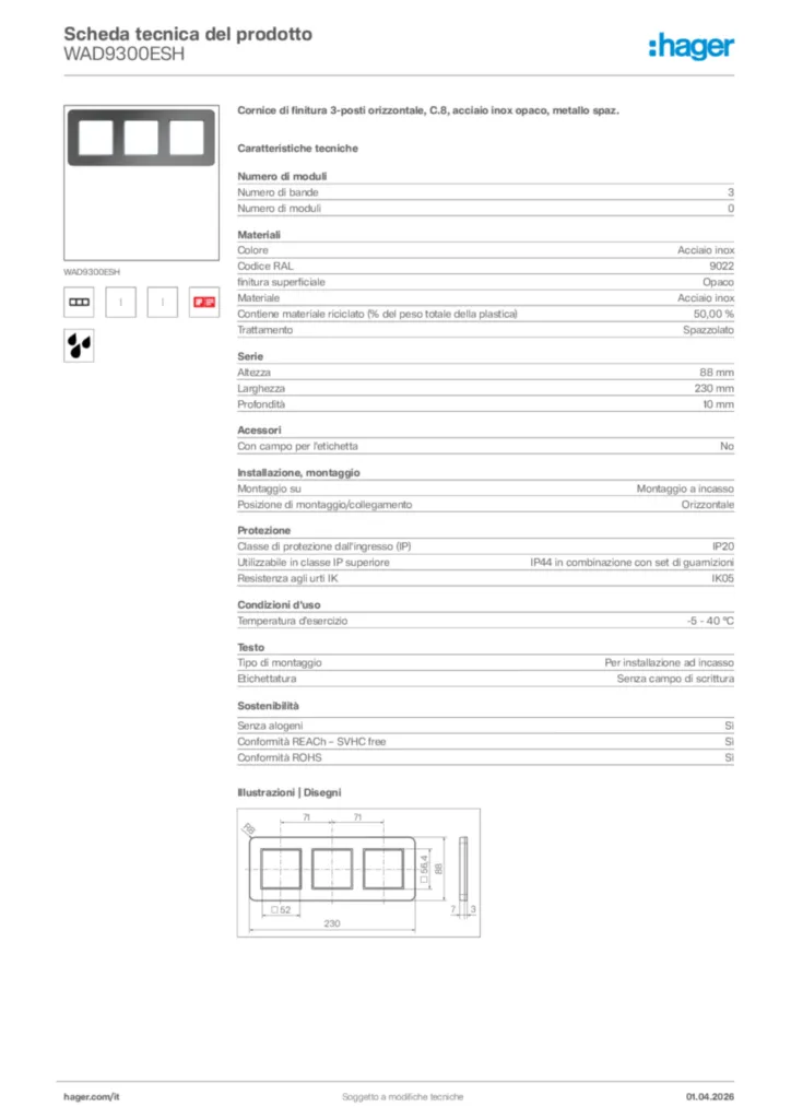 Immagine Hager Scheda tecnica del prodotto WAD9300ESH | Hager Italia
