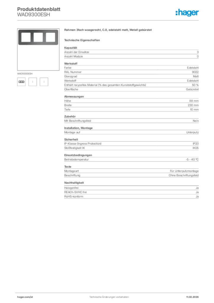 Bild Hager Produktdatenblatt WAD9300ESH | Hager Deutschland