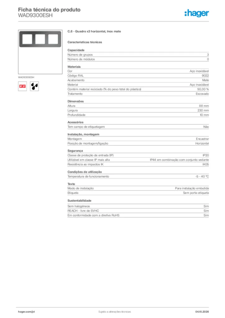 Imagem Hager Ficha técnica do produto WAD9300ESH | Hager Portugal