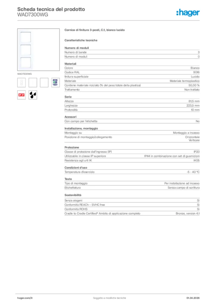 Immagine Hager Scheda tecnica del prodotto WAD7300WG | Hager Italia