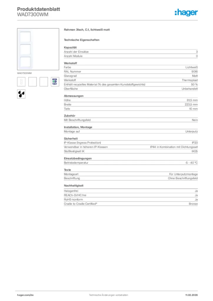 Bild Hager Produktdatenblatt WAD7300WM | Hager Deutschland