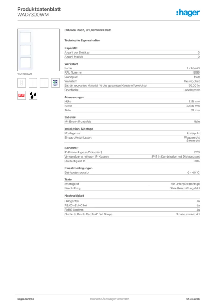 Bild Hager Produktdatenblatt WAD7300WM | Hager Deutschland