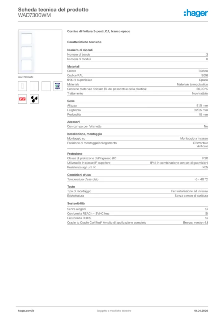 Immagine Hager Scheda tecnica del prodotto WAD7300WM | Hager Italia