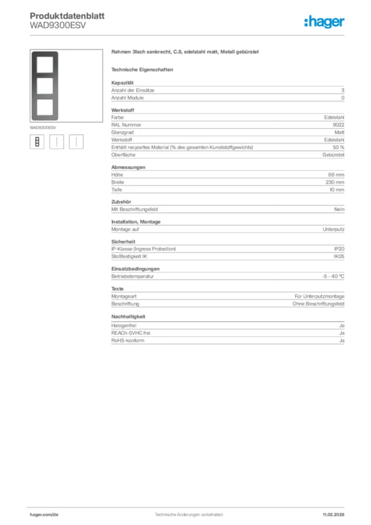 Bild Hager Produktdatenblatt WAD9300ESV | Hager Deutschland