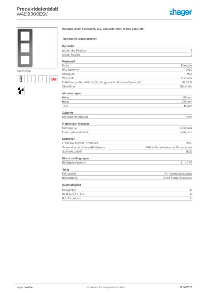 Bild Hager Produktdatenblatt WAD9300ESV | Hager Deutschland