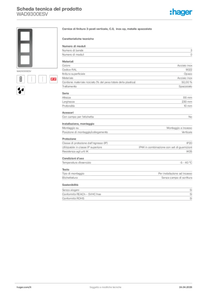 Immagine Hager Scheda tecnica del prodotto WAD9300ESV | Hager Italia