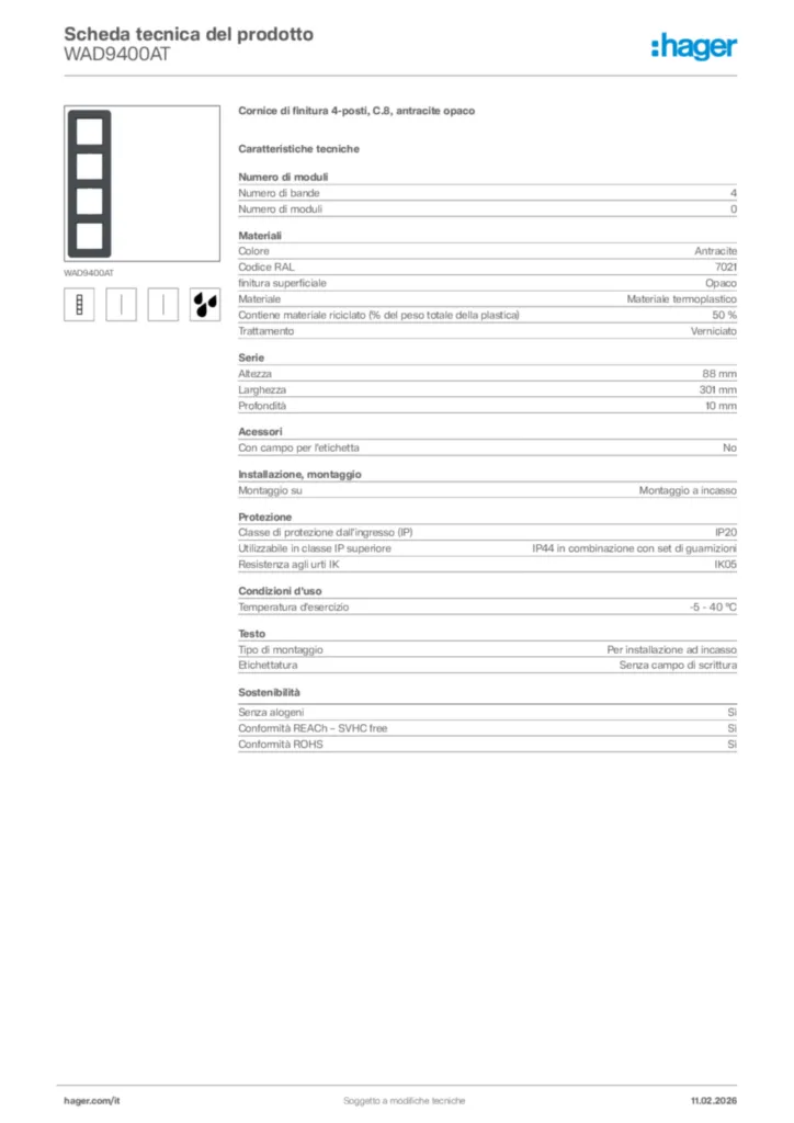 Immagine Hager Scheda tecnica del prodotto WAD9400AT | Hager Italia