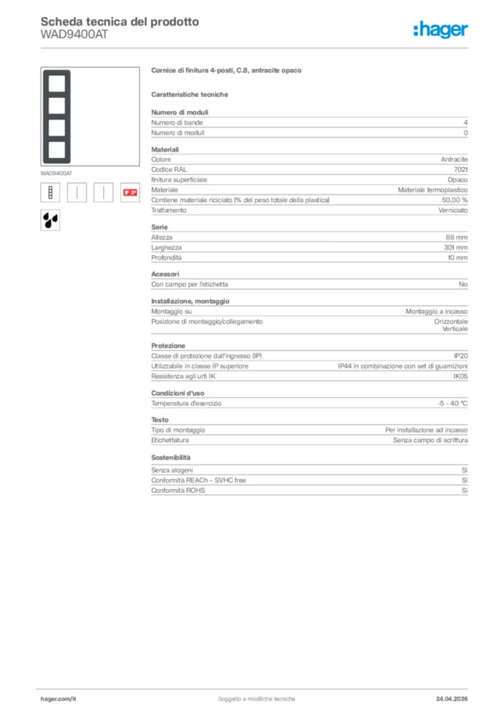 Immagine Hager Scheda tecnica del prodotto WAD9400AT | Hager Italia