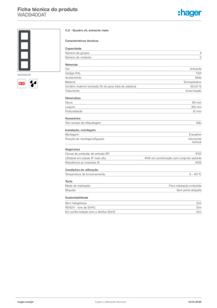 Imagem Hager Ficha técnica do produto WAD9400AT | Hager Portugal