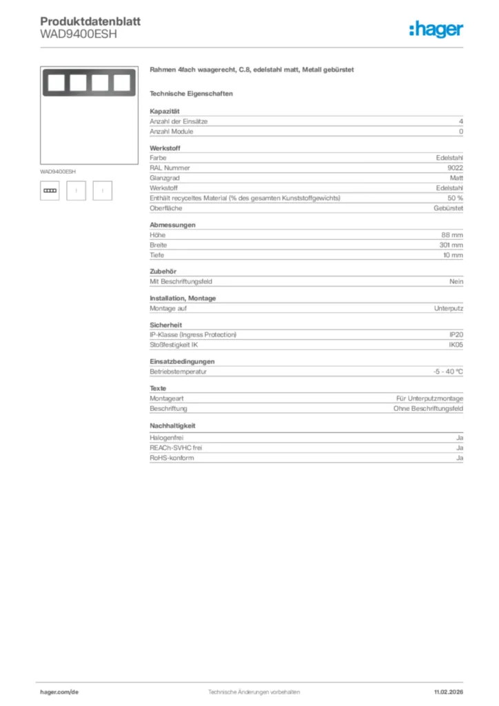 Bild Hager Produktdatenblatt WAD9400ESH | Hager Deutschland
