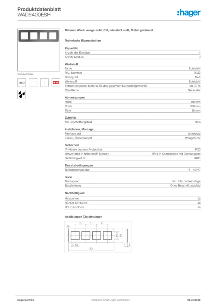Bild Hager Produktdatenblatt WAD9400ESH | Hager Deutschland