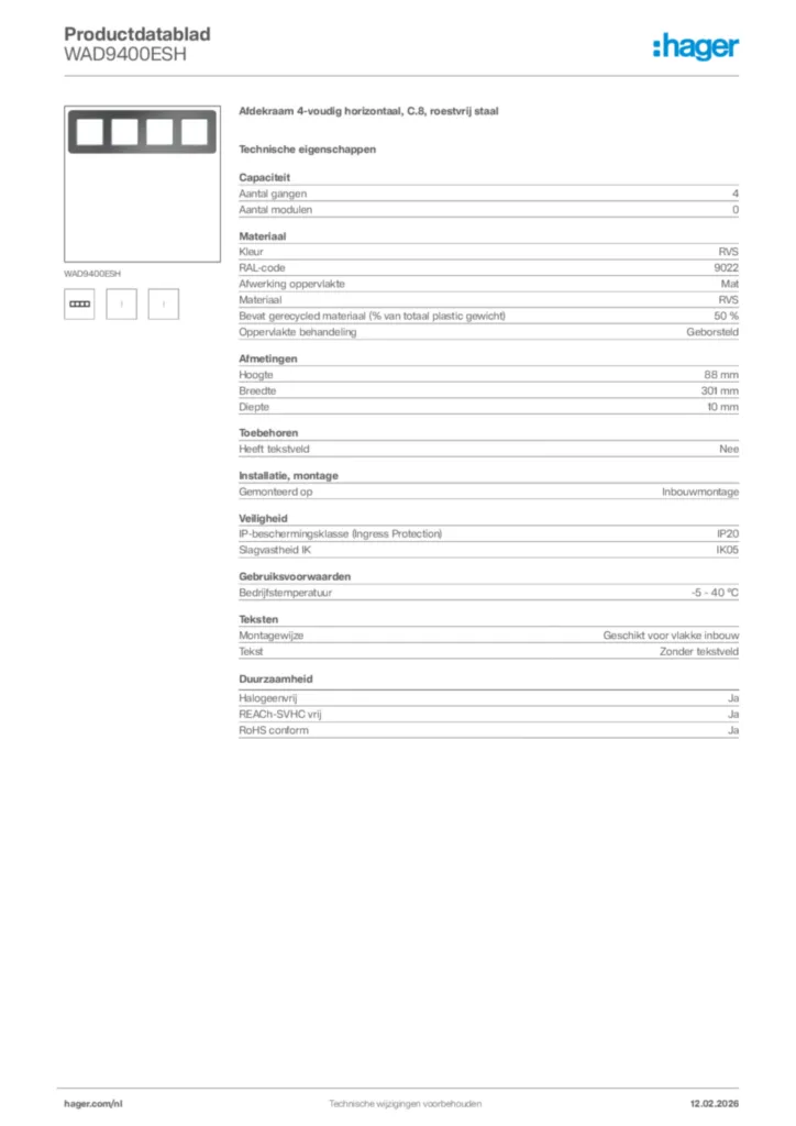 Afbeelding Hager Productdatablad WAD9400ESH | Hager Nederland