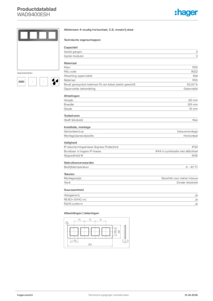 Afbeelding Hager Productdatablad WAD9400ESH | Hager Nederland