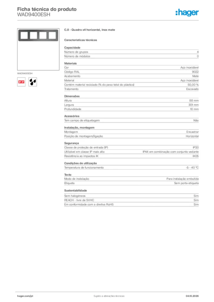 Imagem Hager Ficha técnica do produto WAD9400ESH | Hager Portugal