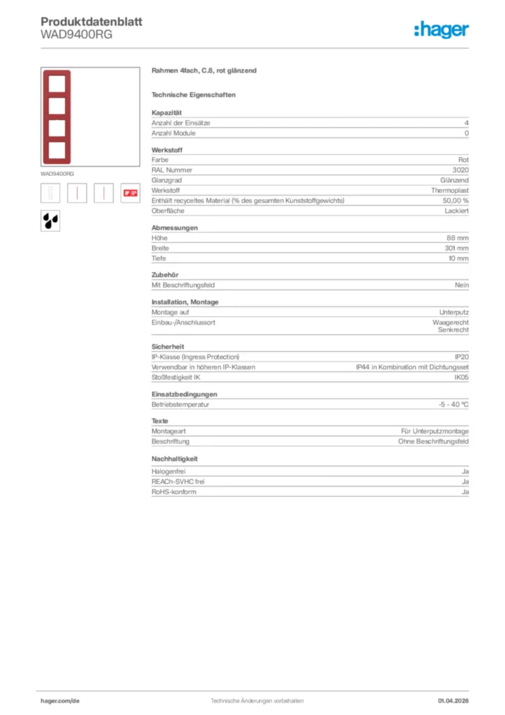 Bild Hager Produktdatenblatt WAD9400RG | Hager Deutschland