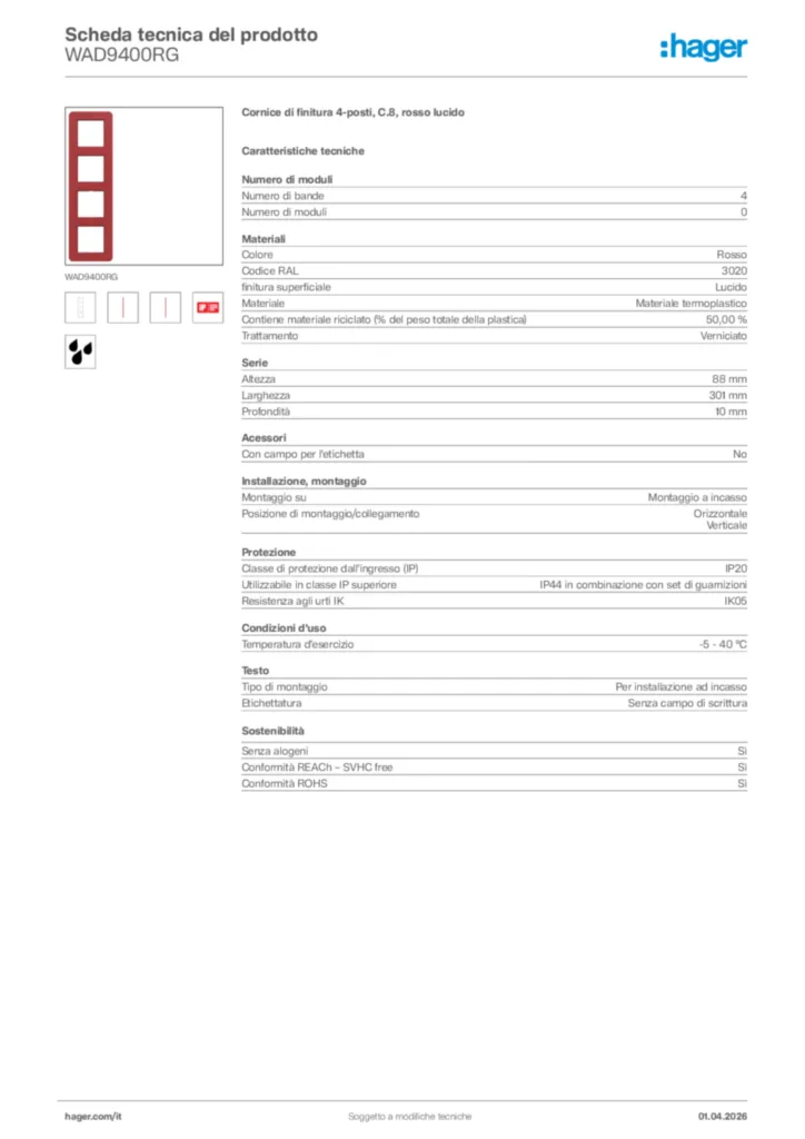Immagine Hager Scheda tecnica del prodotto WAD9400RG | Hager Italia