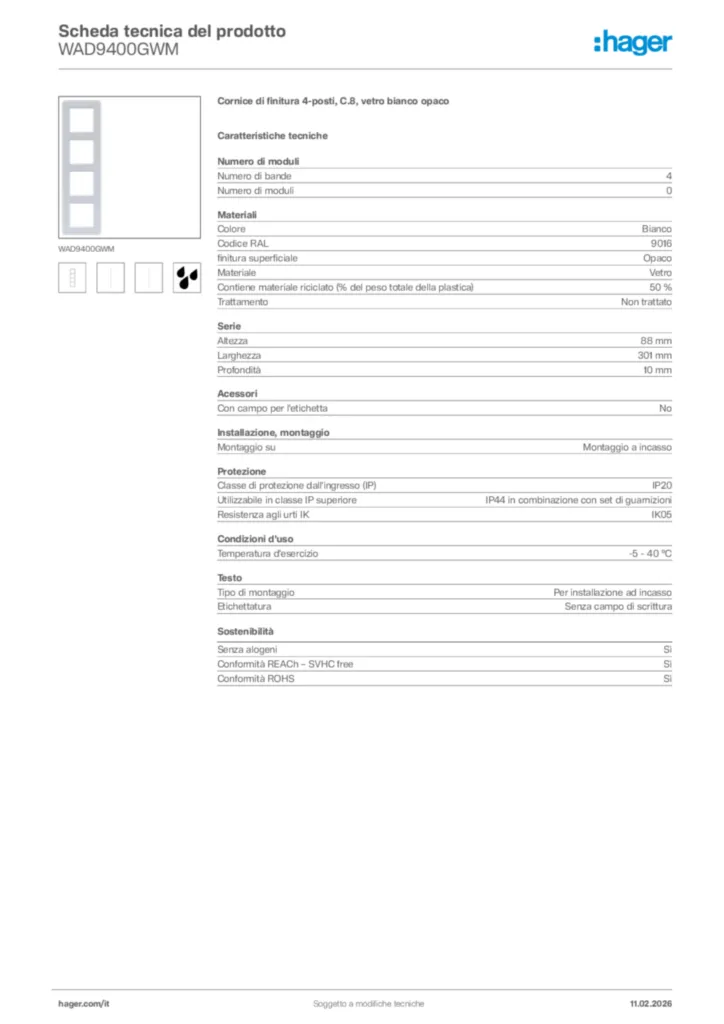 Immagine Hager Scheda tecnica del prodotto WAD9400GWM | Hager Italia