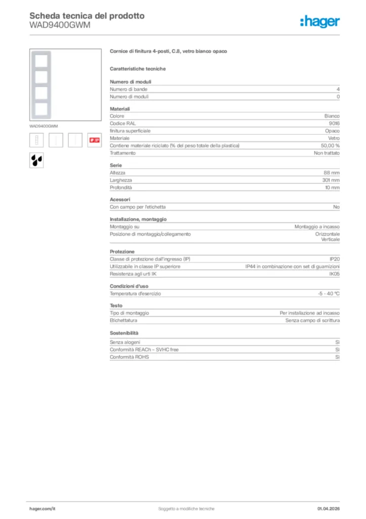 Immagine Hager Scheda tecnica del prodotto WAD9400GWM | Hager Italia