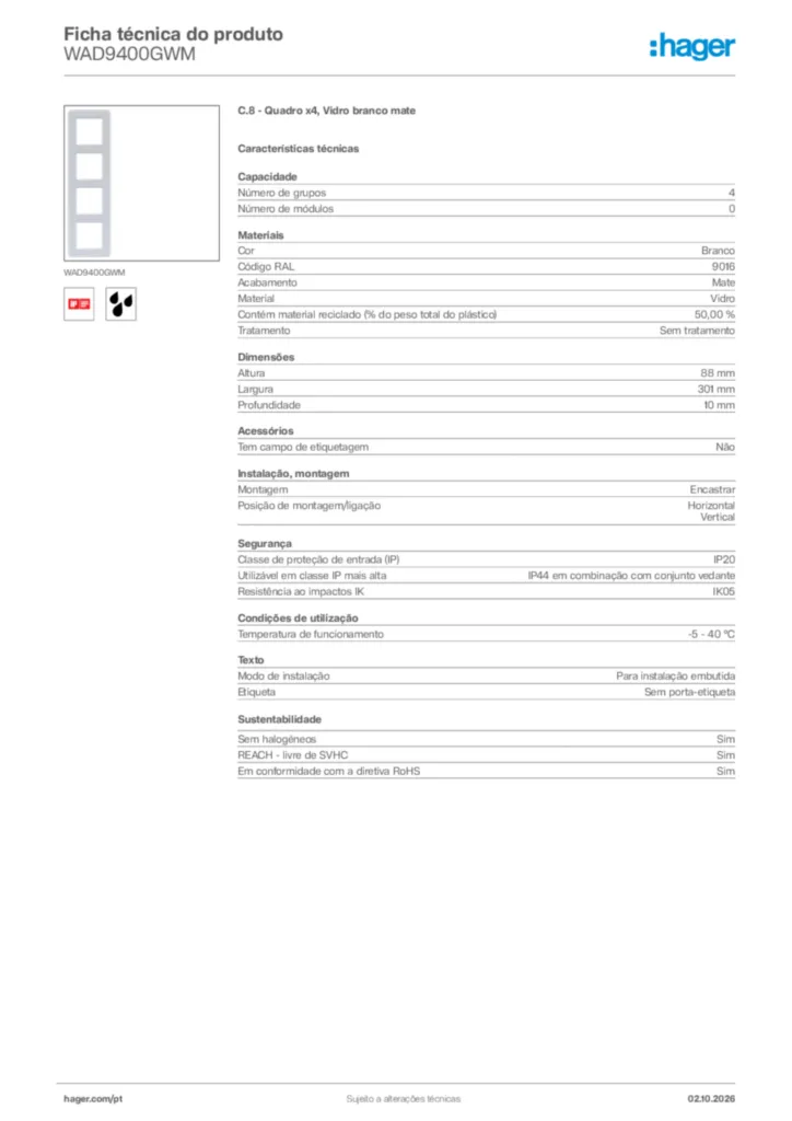 Imagem Hager Ficha técnica do produto WAD9400GWM | Hager Portugal