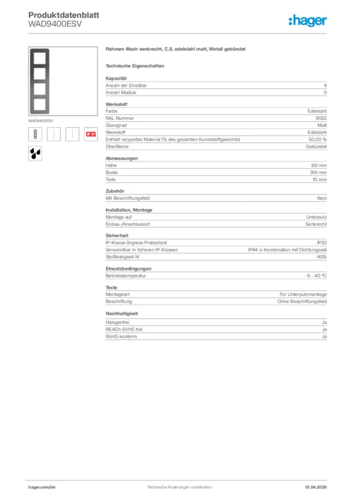 Bild Hager Produktdatenblatt WAD9400ESV | Hager Deutschland