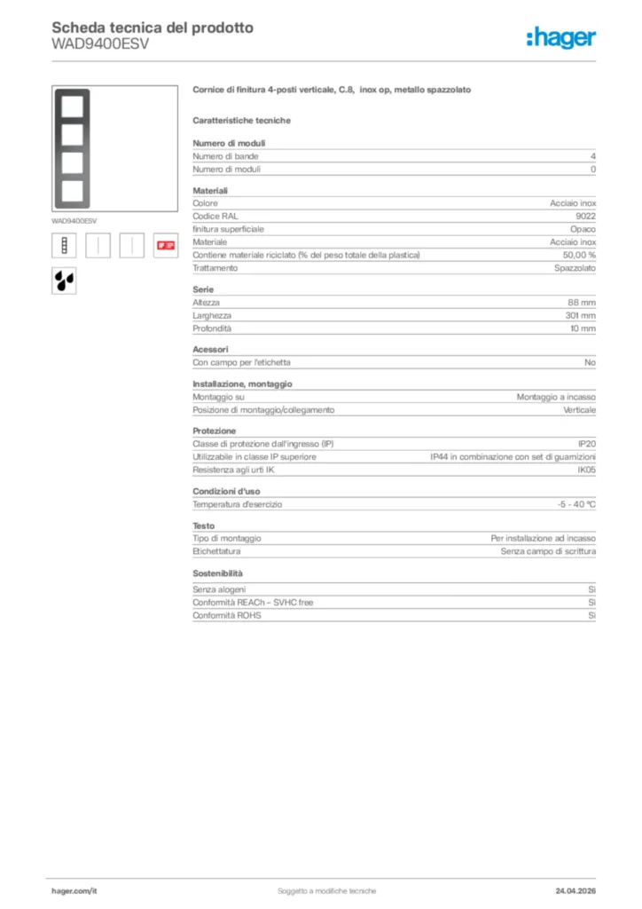 Immagine Hager Scheda tecnica del prodotto WAD9400ESV | Hager Italia