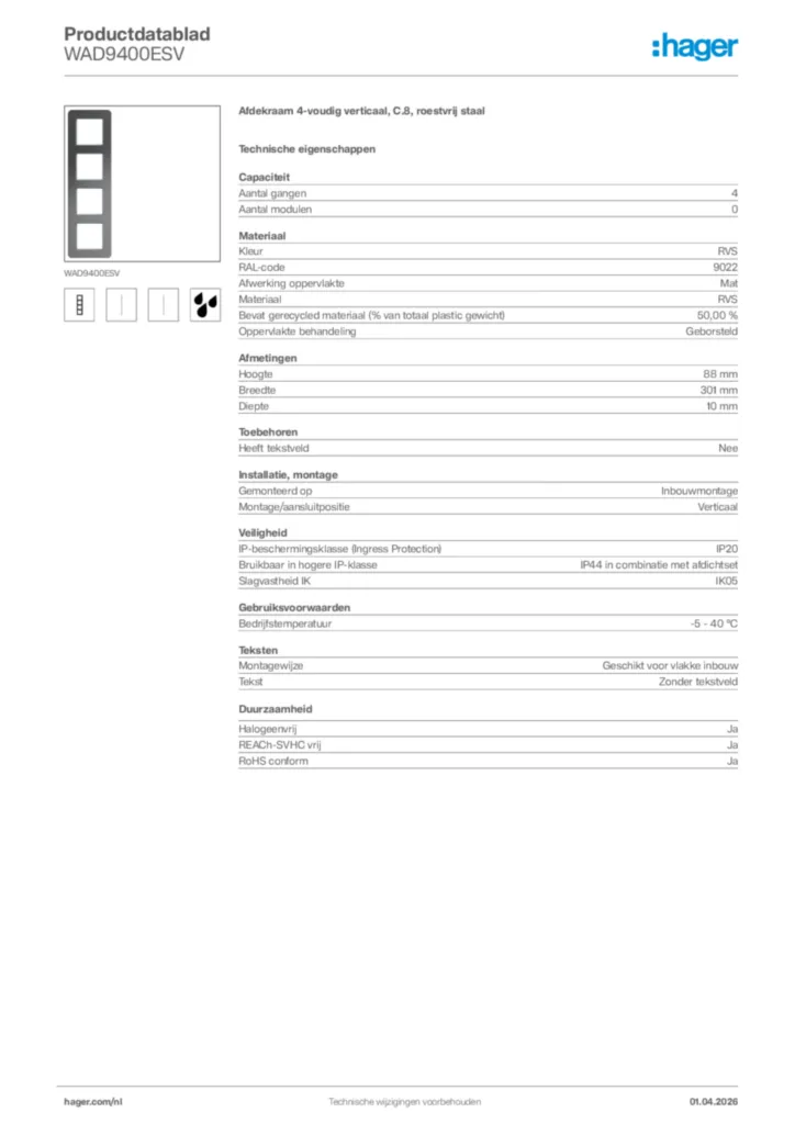 Afbeelding Hager Productdatablad WAD9400ESV | Hager Nederland