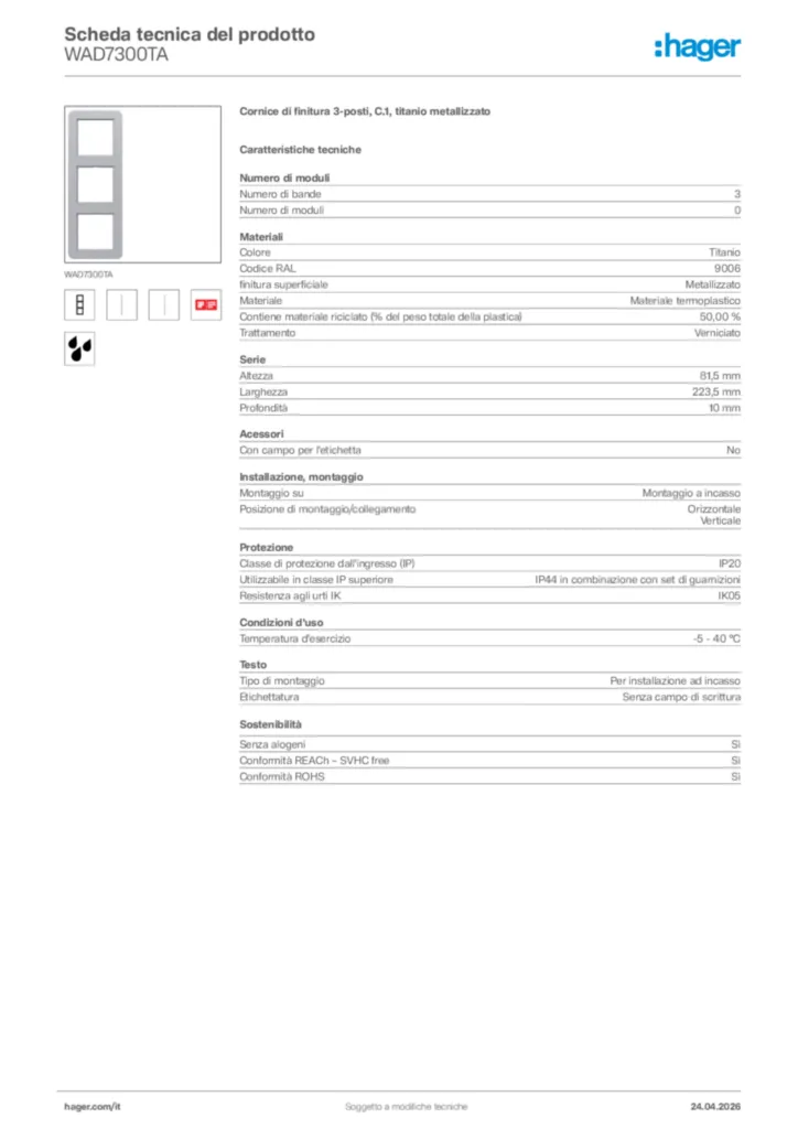 Immagine Hager Scheda tecnica del prodotto WAD7300TA | Hager Italia
