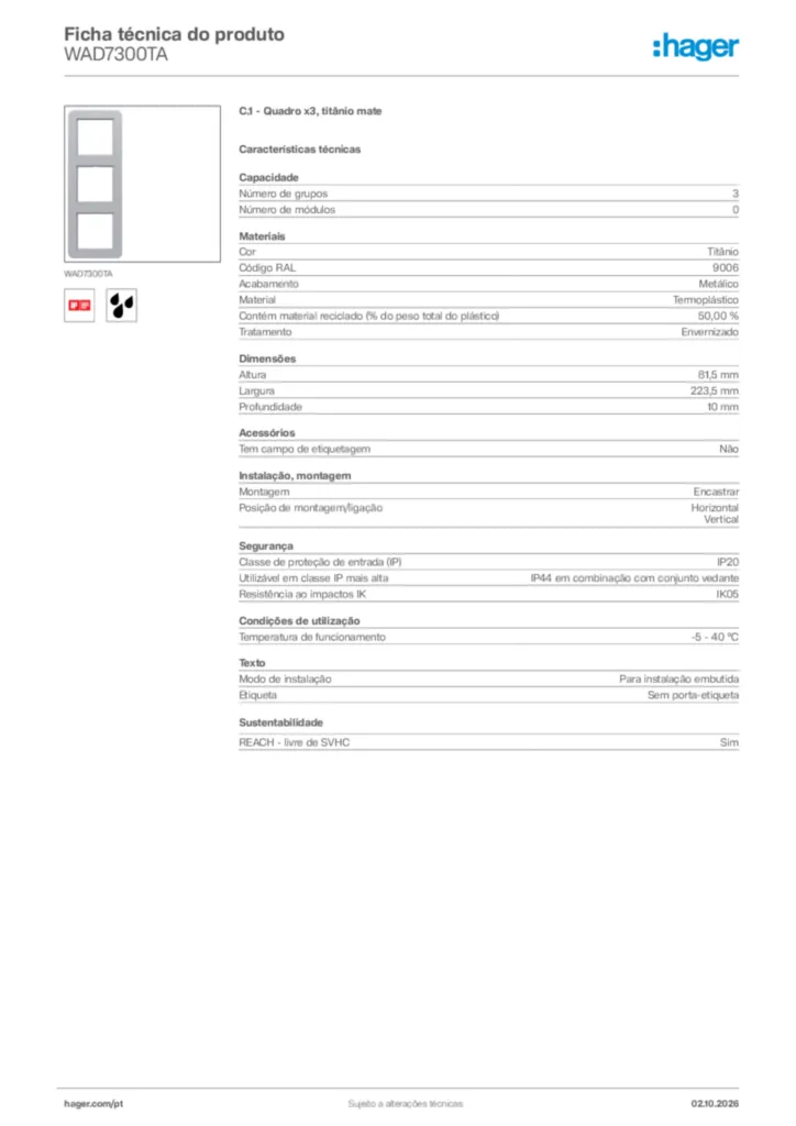 Imagem Hager Ficha técnica do produto WAD7300TA | Hager Portugal