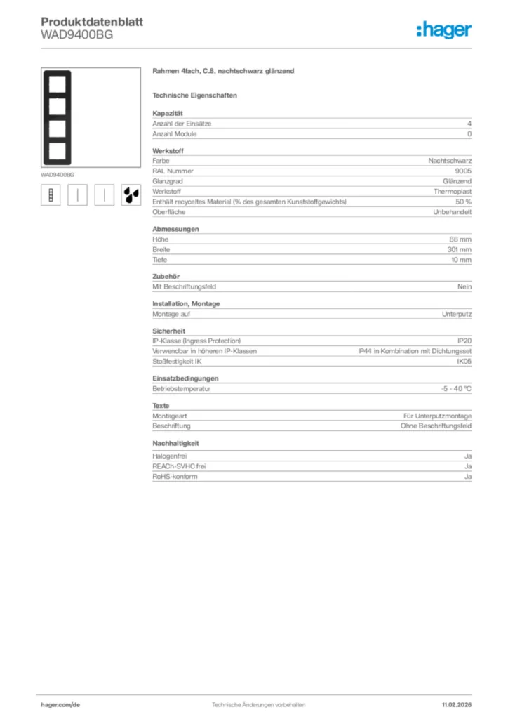Bild Hager Produktdatenblatt WAD9400BG | Hager Deutschland