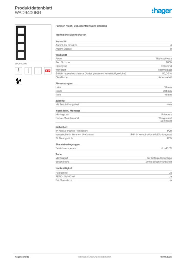 Bild Hager Produktdatenblatt WAD9400BG | Hager Deutschland