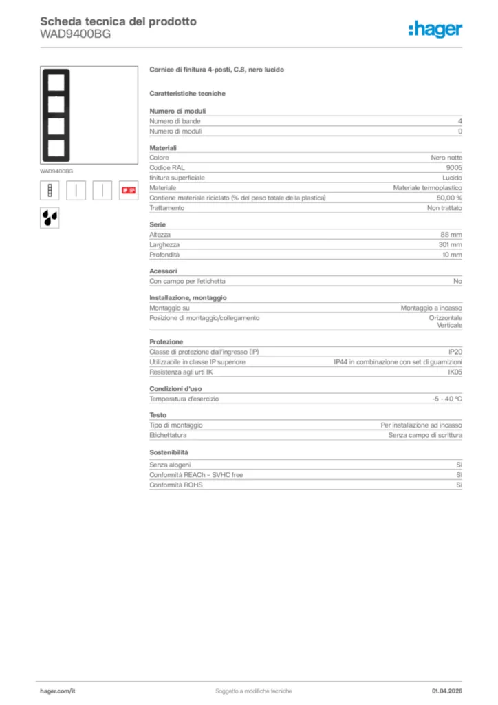 Immagine Hager Scheda tecnica del prodotto WAD9400BG | Hager Italia