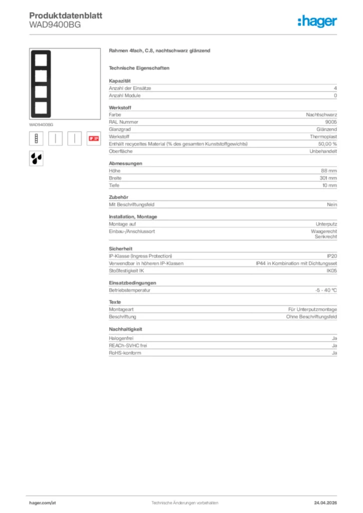 Bild Hager Produktdatenblatt WAD9400BG | Hager Deutschland