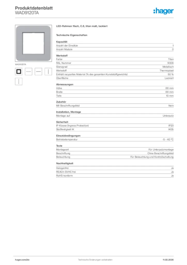 Bild Hager Produktdatenblatt WAD9120TA | Hager Deutschland