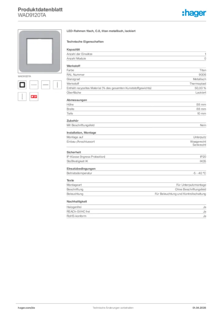 Bild Hager Produktdatenblatt WAD9120TA | Hager Deutschland