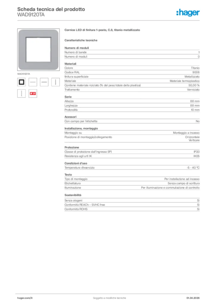 Immagine Hager Scheda tecnica del prodotto WAD9120TA | Hager Italia