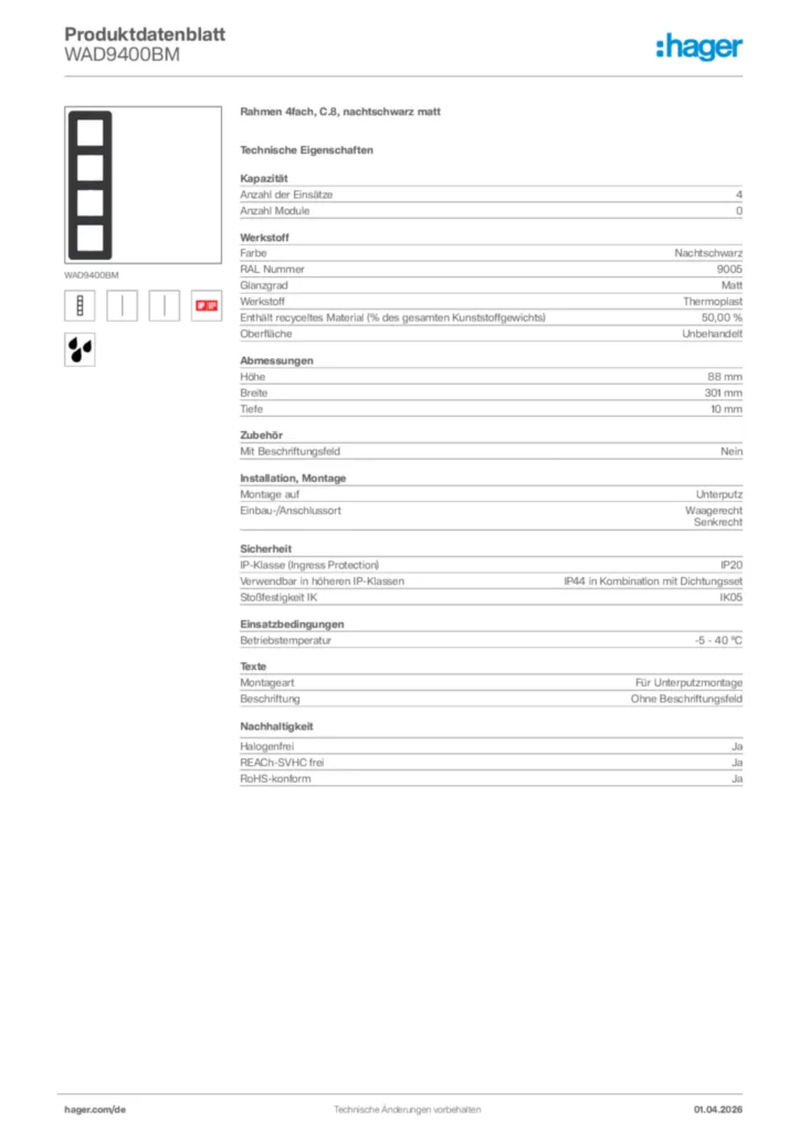 Bild Hager Produktdatenblatt WAD9400BM | Hager Deutschland