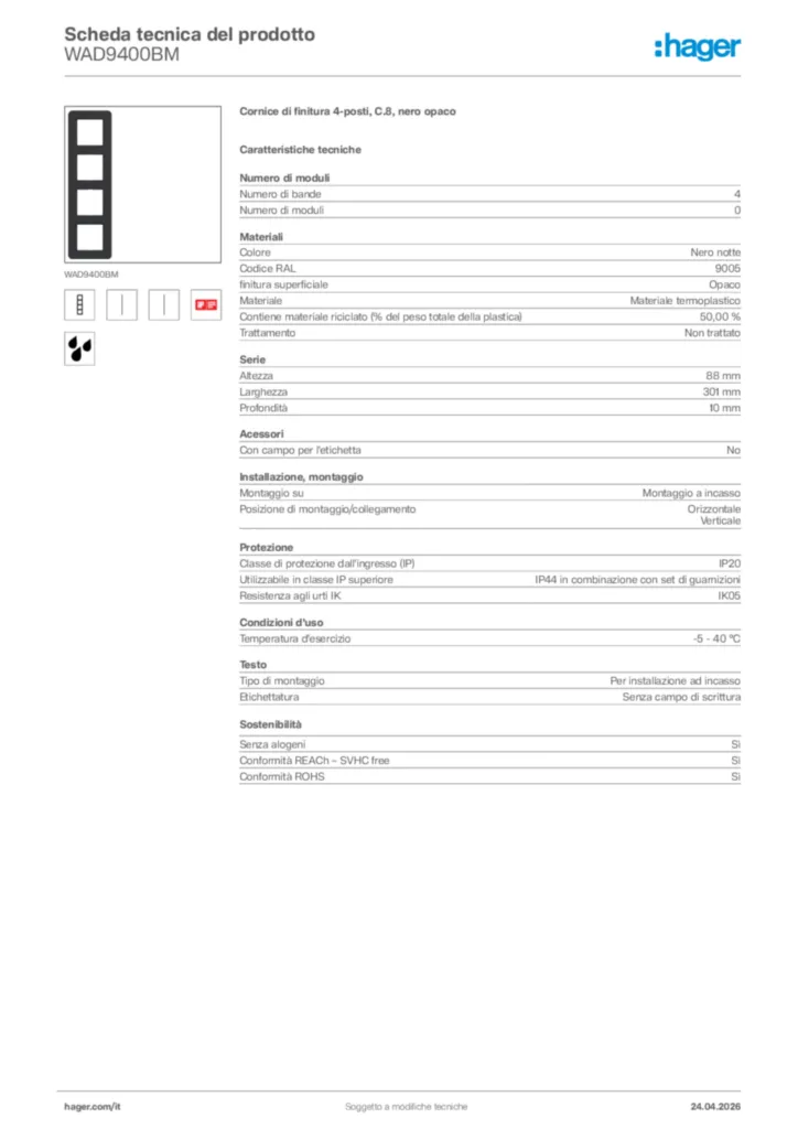 Immagine Hager Scheda tecnica del prodotto WAD9400BM | Hager Italia