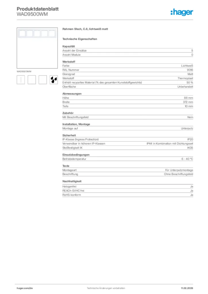 Bild Hager Produktdatenblatt WAD9500WM | Hager Deutschland