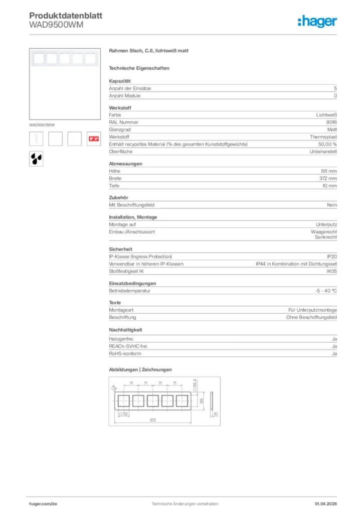 Bild Hager Produktdatenblatt WAD9500WM | Hager Deutschland