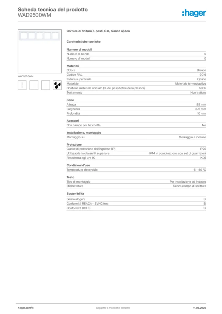 Immagine Hager Scheda tecnica del prodotto WAD9500WM | Hager Italia