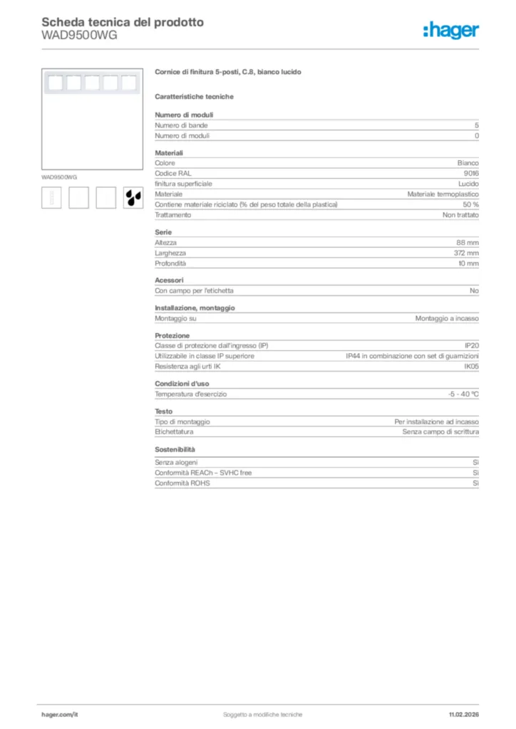 Immagine Hager Scheda tecnica del prodotto WAD9500WG | Hager Italia