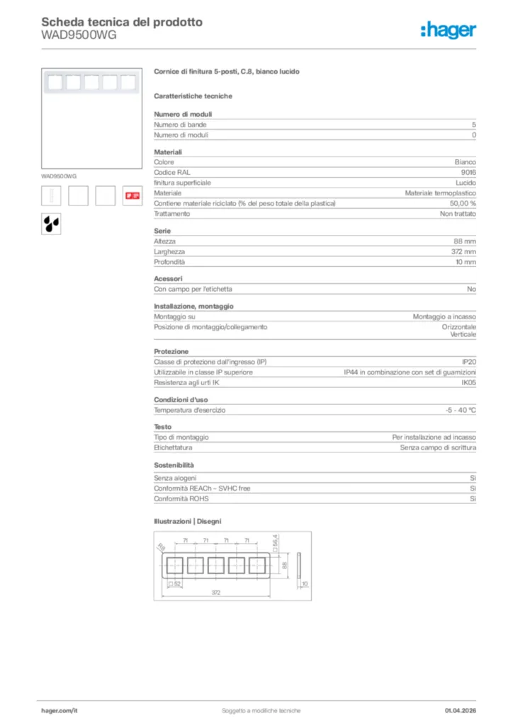 Immagine Hager Scheda tecnica del prodotto WAD9500WG | Hager Italia