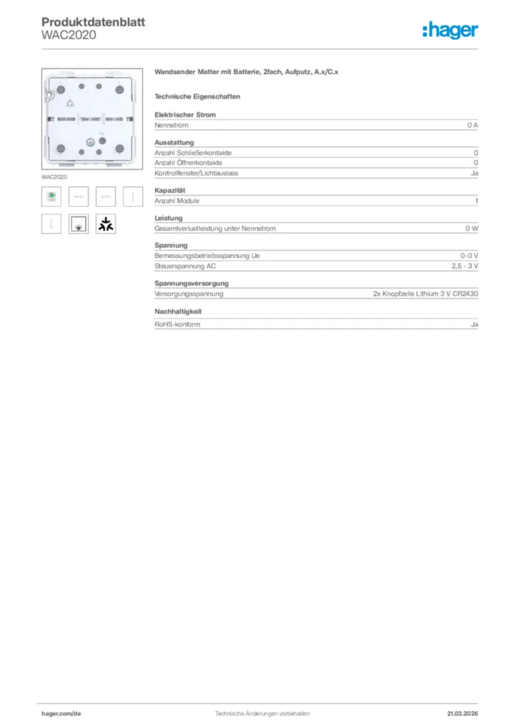Bild Hager Produktdatenblatt WAC2020 | Hager Deutschland