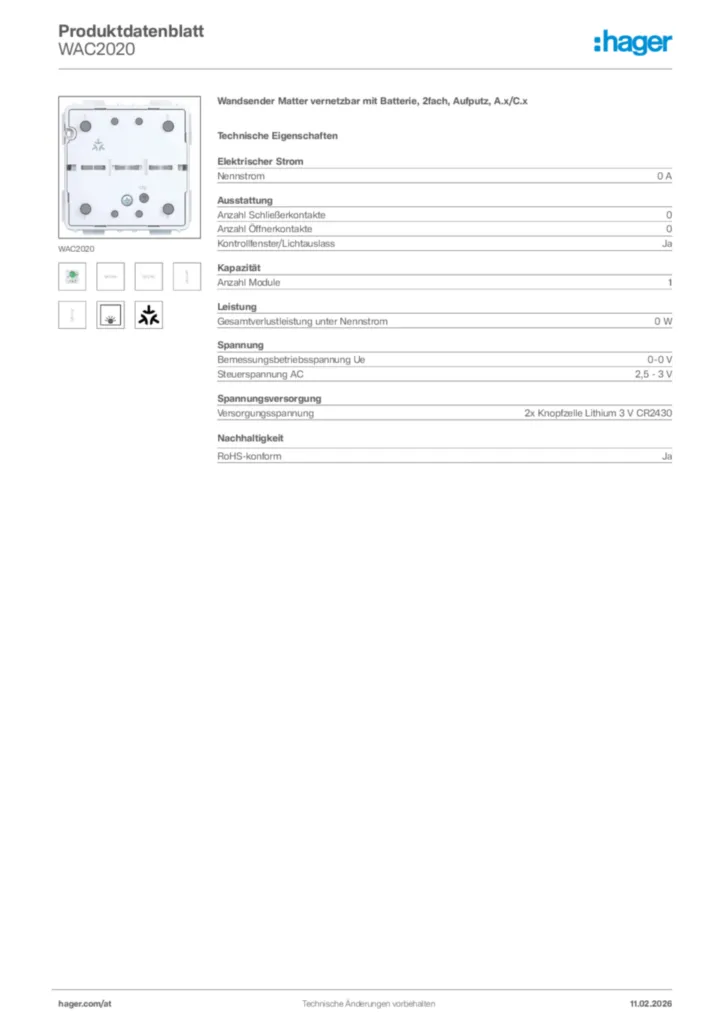 Bild Hager Produktdatenblatt WAC2020 | Hager Deutschland