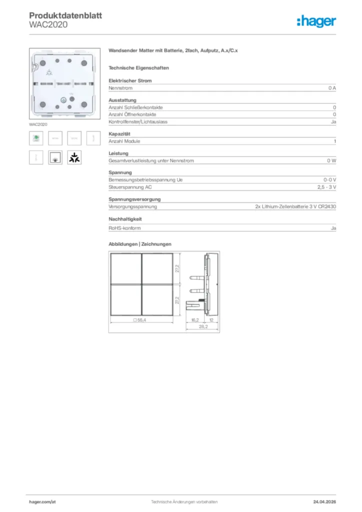Bild Hager Produktdatenblatt WAC2020 | Hager Deutschland
