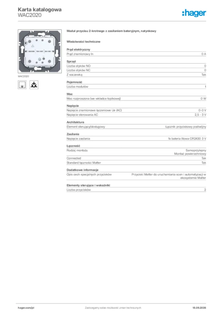 Zdjęcie Hager Karta katalogowa WAC2020 | Hager Polska